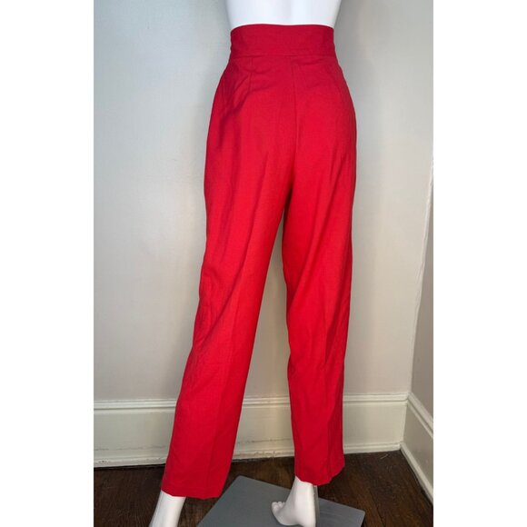 Vintage 1980s Red Pleated Pants, High Rise, Wide Waistband, Tapered Leg, 27"x28" - Picture 6 of 9